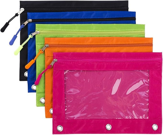 DoDoMagxanadu Binder Pencil Pouch with Zipper Pulls, Pencil Pouch for 3 Ring Binder Pencil Case with Clear Window Bluk 5 Pack for Office School Supplies