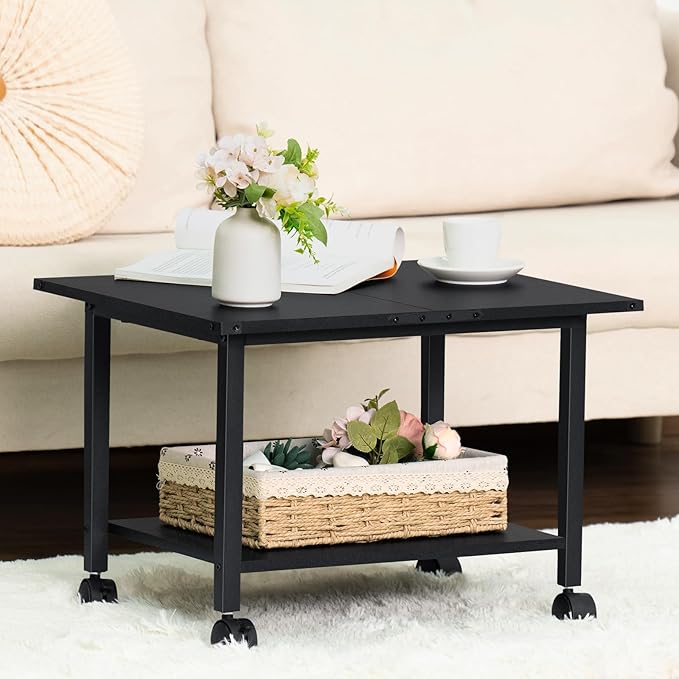 Lerliuo Under Desk Printer Stand, 2-Tier Industrial Mobile Printer Table with Storage Shelf and Steel Frame, Rolling Printer Cart Holder with Lockable Wheels for Home, Office (Black)