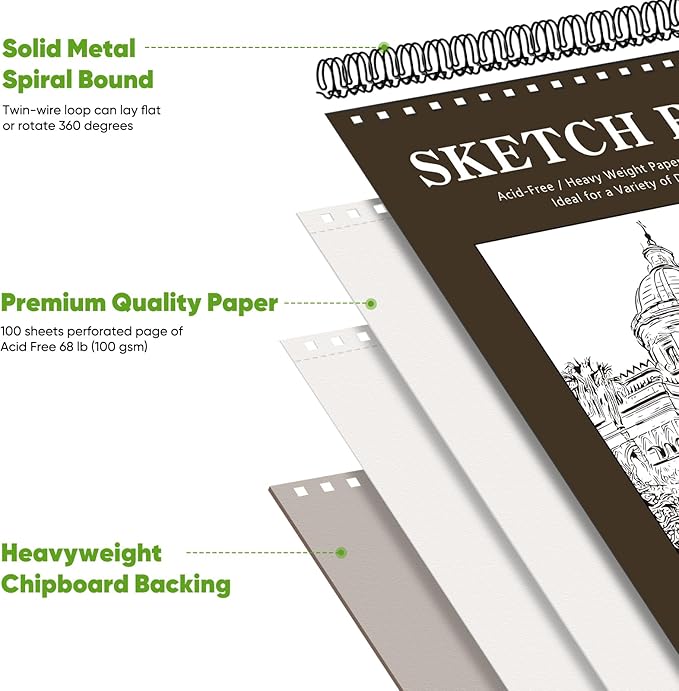 Soucolor 11" x 14" Large Sketchbook, 100 Sheets 68lb/100gsm Top Spiral Bound Large Sketch Pad, Acid Free Big Sketch Paper for Drawing, Illustration, Art Class Students