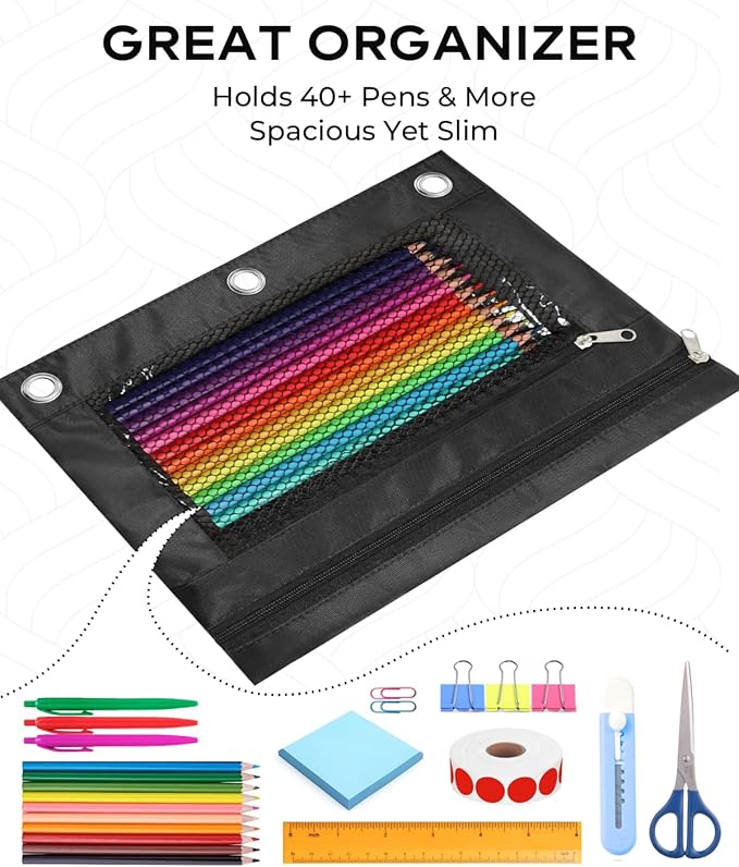 3 Ring Binder Pencil Pouch - School Pencil Case with 2 Zippered Pockets, Clear Mesh Window Pencil Bag, B5 Size, Back to School Gifts (Black)