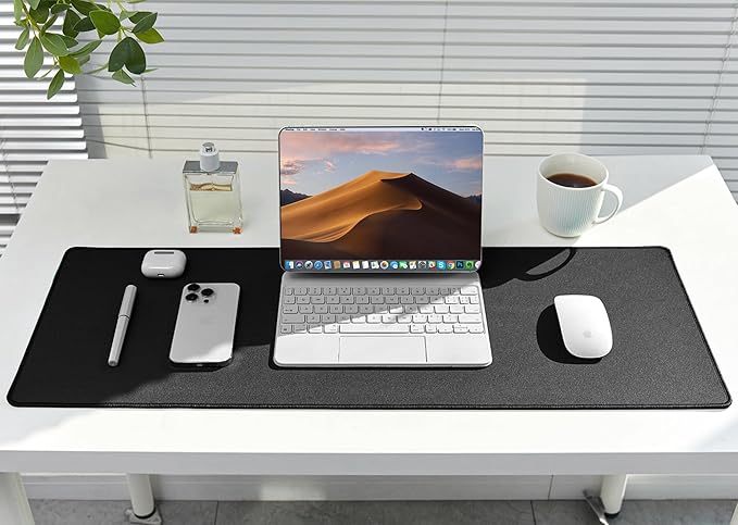 ALOANES Black Waterproof Desk Mat, Large, with Extended Mouse Mat, Office Desk Protector with Anti-Slip Base, Stitched Edge, Grain Jacquard Surface, Perfect for Gamer, Home, XL,11.81''x27.56''x0.12'