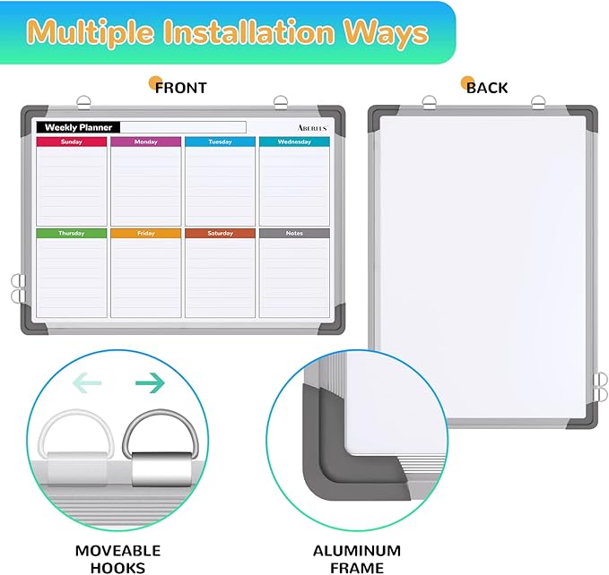 Small Weekly Calendar Dry Erase Whiteboard for Wall, 16" x 12" Magnetic Dry Erase Board, Hanging Double-Sided White Board, Portable Board for List, Kitchen, Planning, Memo, Home, Office