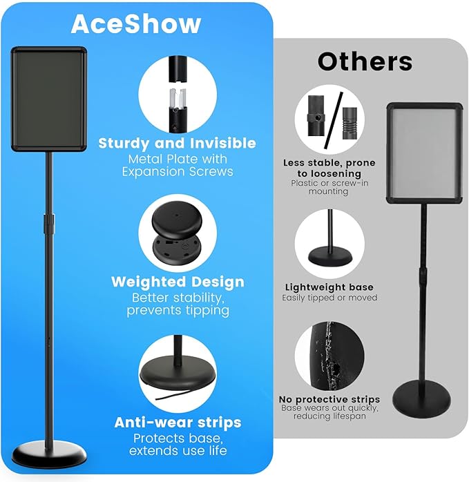 Sign Stand Holder 8.5x11 inch - Adjustable Sign Holder Stand for Display with Heavy Duty Base, Floor Standing Sign Holder for Business, Retail, Events, Offices, Trade Show(Black 8.5×11 inch - 1 Pack)