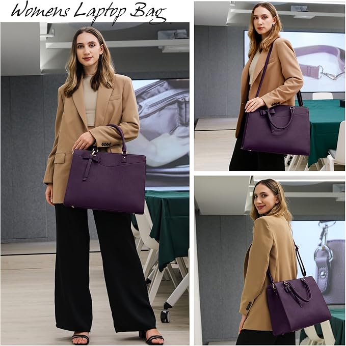 RAINSMORE Laptop Bag for Women 15.6 Inch PU Tote Bag Business Work Bag Waterproof Briefcase Computer Tote Lightweight Handbag Shoulder, Dark Purple