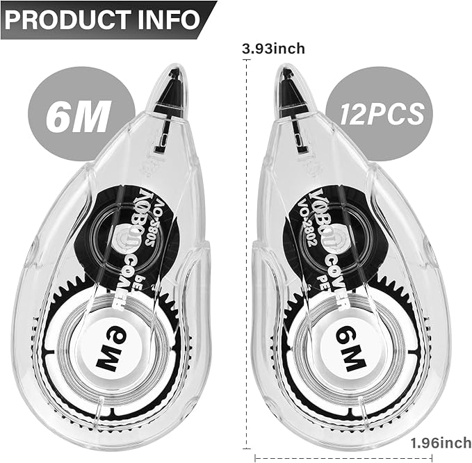 Correction Tape Dispenser, Easy To Use Applicator for Instant Corrections, For school, Office (White, 12pack, 6M/256, Tape Width 0.2in)