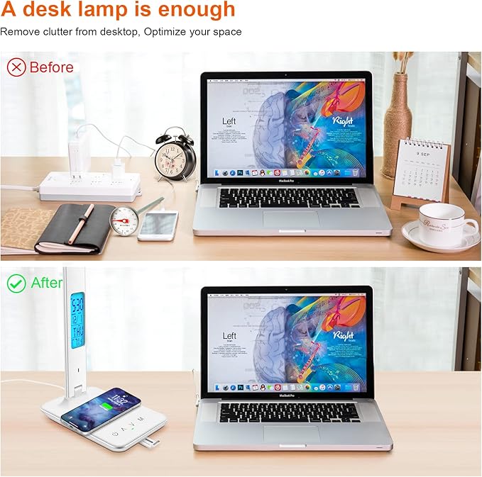 Desk Lamp with Wireless Charger，USB Charging Port, Dimmable Office Desk Light with Clock, Alarm, Date, Temperature, Foldable Lamp for Table Bedroom Bedside Office (White, Standard Size-13.3 inch)