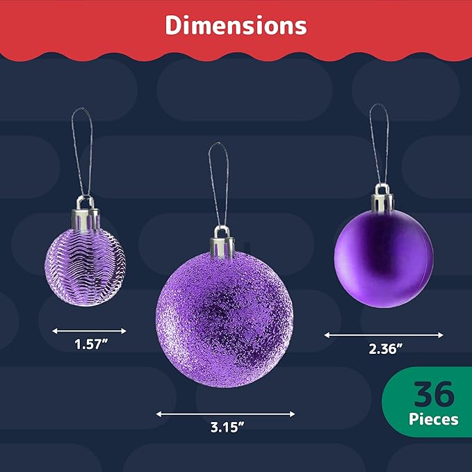Prextex 36-Pieces Purple Christmas Ornaments Set - Shatterproof, Festive Christmas Ball Ornaments in 3 Sizes and 6 Styles with Hanging Loops for Tree, Wreath, and Dazzling Holiday Party Decorations