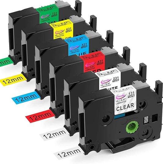 Anycolor 6-Pack Compatible with Brother P Touch TZe TZ Label Tape 12mm 0.47 Laminated (White/Clear/Red/Blue/Yellow/Green) for Ptouch PT-D210 PT-H110 PT-D220 PTD400 PTD410 Label Maker