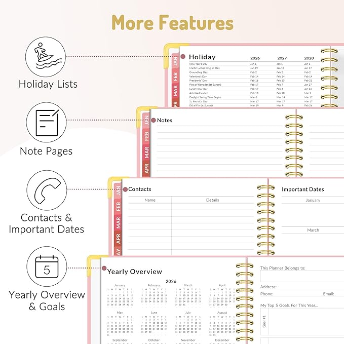 Forvencer 2026 Planner, Hardcover Calendar Planner Weekly and Monthly, January 2026 - December 2026, 6" x 8", Spiral Agenda Book with Tabs, Exquisite Daily Journal with Inner Pocket, Organizer Notebook for Office Home School, A5 Size, Beige