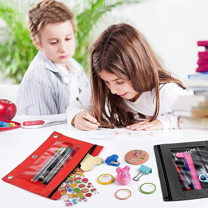 Pencil Pouch 3 Ring, Zipper Pencil Pouches Case Binder Cosmetic Bag Hot Pink 2 Pack