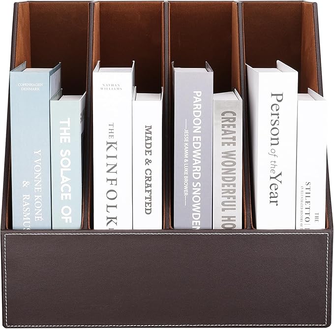 KINGFOM 4-Slot Wood Leather Document Files Holder Rack Stand Desk Files Organizer Papers Collection Cabinet (4 slot brown)