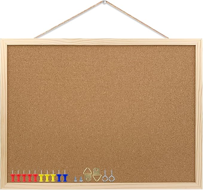 Cork Bulletin Board, 17.7X 13.3 Inches with Oak Wood Finish Frame, Wall Mounted for Office Home and School(Pins, Eye Bolts, gaskets, Screws)
