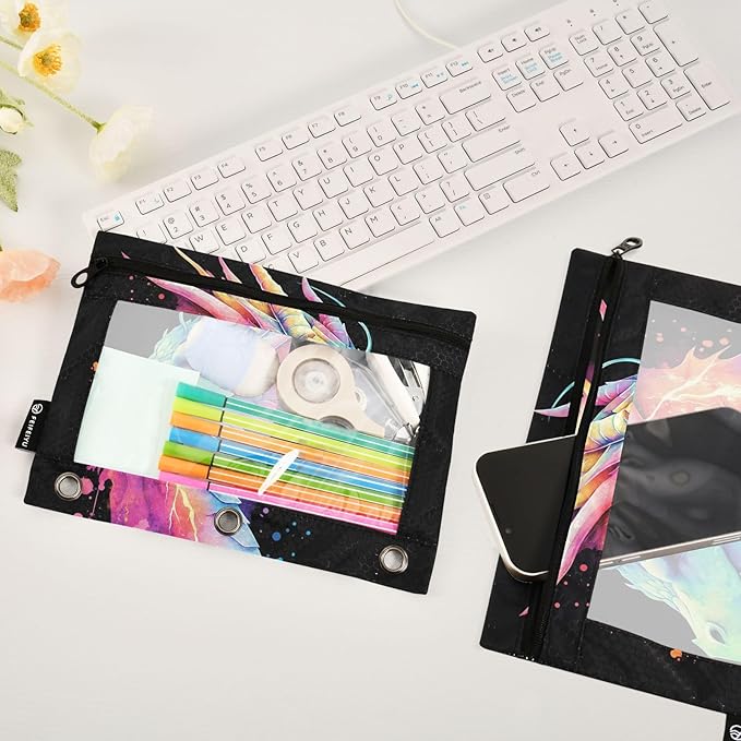 Lightning Dragon Watercolor Pencil Pouch for 3 Ring Binder, 2 Pack Waterproof Pencil Bags Clear Window Zipper School Office Supplies