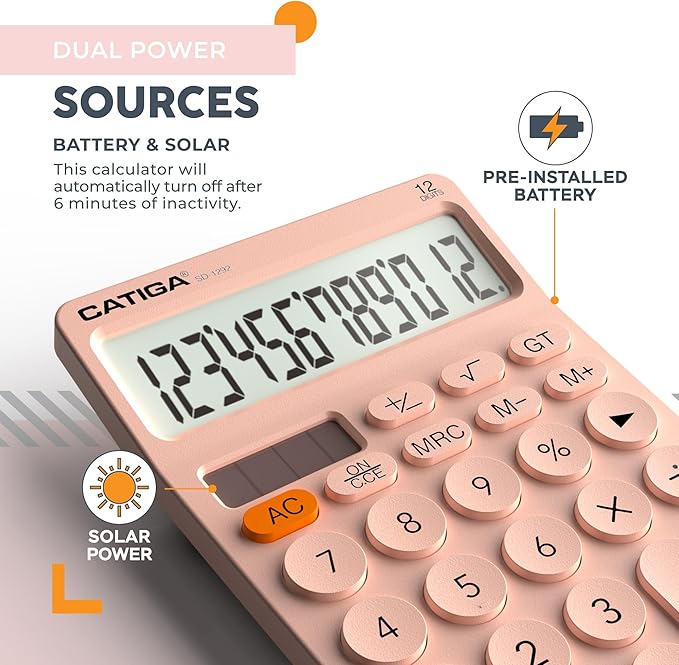 CATIGA 12 Digit Desktop Calculator Basic Desk Calculator with Large LCD Display, Big Buttons, 4 Function, Solar and Battery Dual Power, for Office, School, Home, SD-1292 Pink