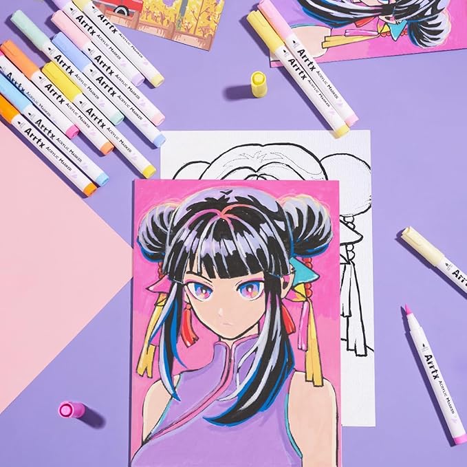 Arrtx Paint Markers Paint Pens 60 Colors, Acrylic Pens for Artists Adults Coloring Drawing Cartoon Anime Comic - Brush Tip for Rock, Wood, Canvas, DIY Crafts Making Art Supplies