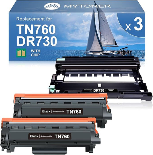 MYTONER Compatible Toner Cartridges Replacement for Brother TN760 TN-760 DR730 Drum Unit TN730 TN-730 for MFC-L2750DW MFC-L2690DW MFC-L2710DW MFC-L2717DW HL-L2350DW Printer (2 Packs Toner, 1 Drum)