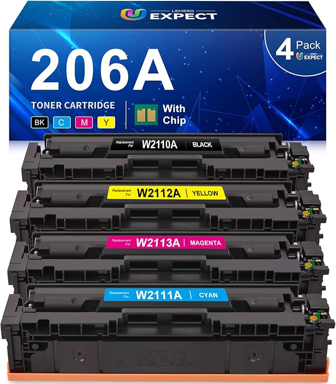 LEMERO UEXPECT 206A Toner Cartridges 4 Pack with Chip Replacement for 206A Toner Cartridges HP Set 206A 206X for HP Color Laserjet Pro MFP M283fdw M255dw M283cdw M255cdw Printer W2110A W2110X
