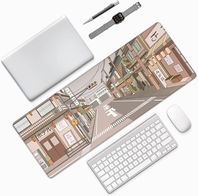 Tokyo Street Anime Kawaii Large Gaming Mousepad XXL Beige Cute Desktop Laptop Keyboard Mouse Mat Desk Pad Big 31.5''x15.7'' with Stitched Edges Non-Slip Rubber Base