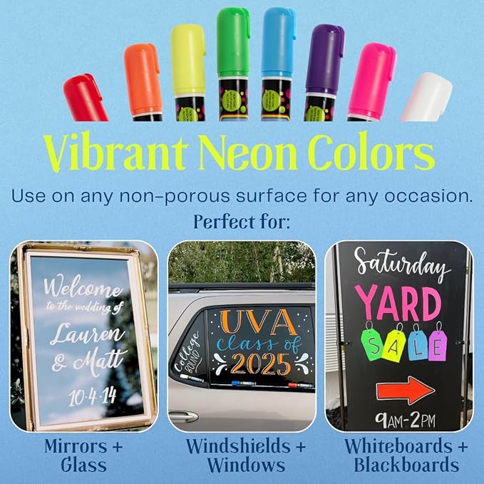 Liquid Chalk Drawing Markers for Car Windows, Auto Windshields, Mirrors, White Boards, Retail + Restaurant Signs. Erasable Chalk Markers – Washable – Bold - Neon 8pck. 10mm tip - 3 writing options.