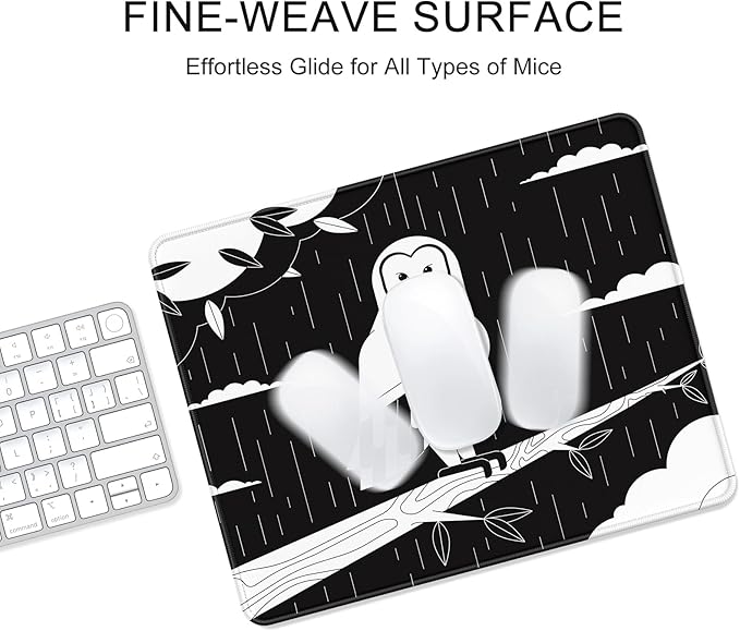 Auhoahsil Mouse Pad, 12 x 10 in Owl Theme Computer Mouse Pad for Desk, Premium-Textured Non-Slip Rubber Stitched Edges Waterproof Square Mouse Mat for Gaming Work Wireless Mice, Simple Black White