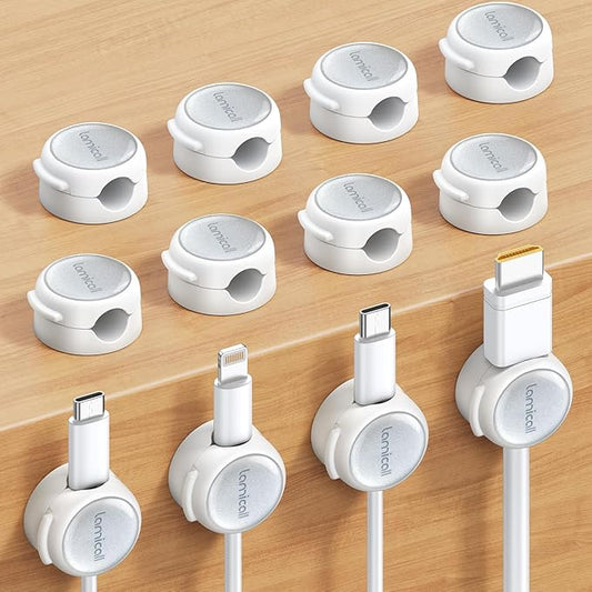 12Pack Magnetic Cable Clips Cord Organizer - Lamicall [Crystal-Clear & Silver Shine] Cable Management Holder for Phone Charging Cord, Strong Adhesive for Nightstand, Home Office Desk Decor Accessories