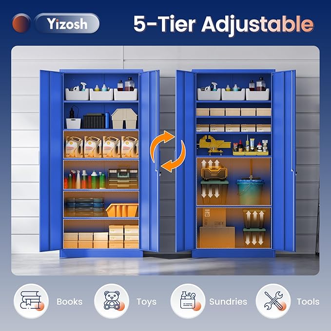 Yizosh Metal Garage Storage Cabinet with 2 Doors and 5 Adjustable Shelves - 71" Steel Lockable File Cabinet,Locking Tool Cabinets for Office,Home,Garage,Gym,School (Blue)