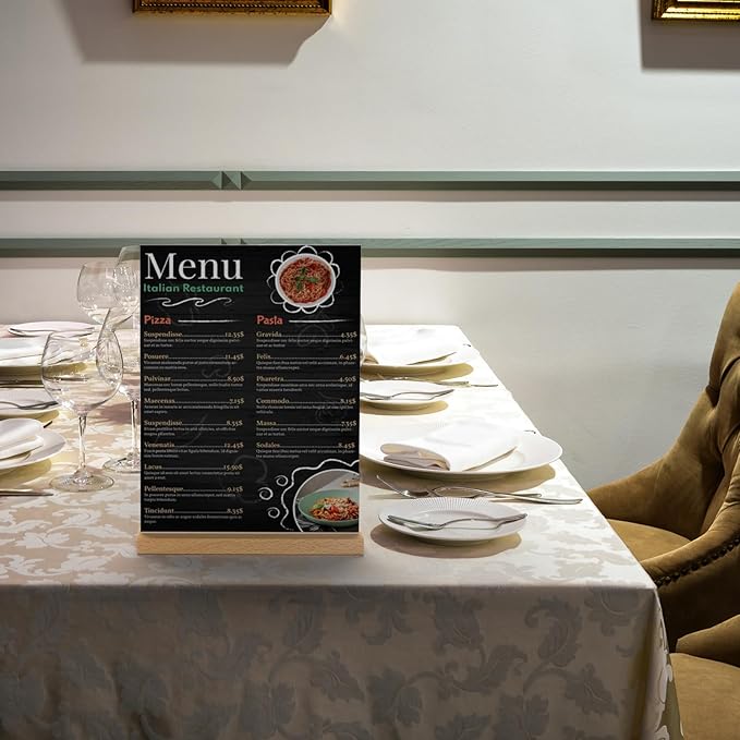 8.5 x 11 Acrylic Sign Holder with Wood Base - Tabletop Display Menu Stand - Clear Plastic L/T Shape Vertical or Slant Back Paper Holders - 6 pack