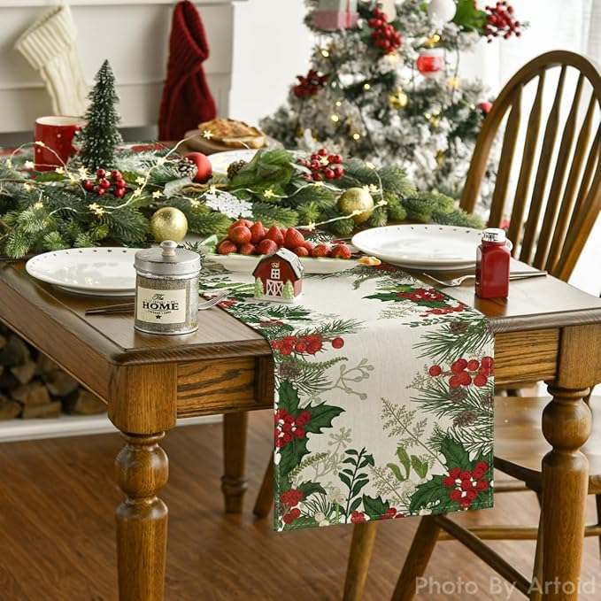 Artoid Mode Holly Pine Cone Christmas Table Runner, Seasonal Winter Kitchen Dining Table Decoration for Home Party Decor 13x48 Inch