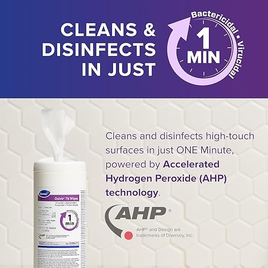Oxivir Diversey Tb 5388471 Ready-to-Use Disinfectant Cleaning Wipes, Accelerated Hydrogen Peroxide, Large 7x8-Inch Sheets, 60-Wipes, 1-Slim Canister (Pack of 12)