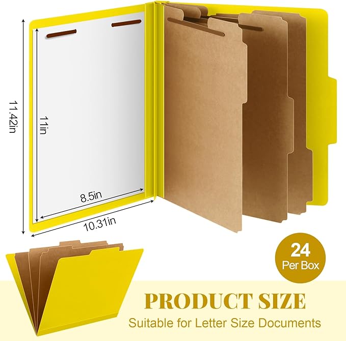 Skyygemm 24 Pcs Classification Folders Letter Size, 3 Divider Pressboard File Folder with Fasteners, Expanding File Organizer Bulk for Teachers, Clergy, Office, Church, Christmas Donations (Yellow)