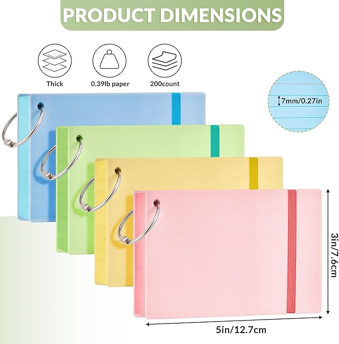 NEEWAY Heavy Weight Colored Ruled Index Cards 3x5, 200 Count Flash Cards with Rings and Cover, Lined Note Cards for Home, Office