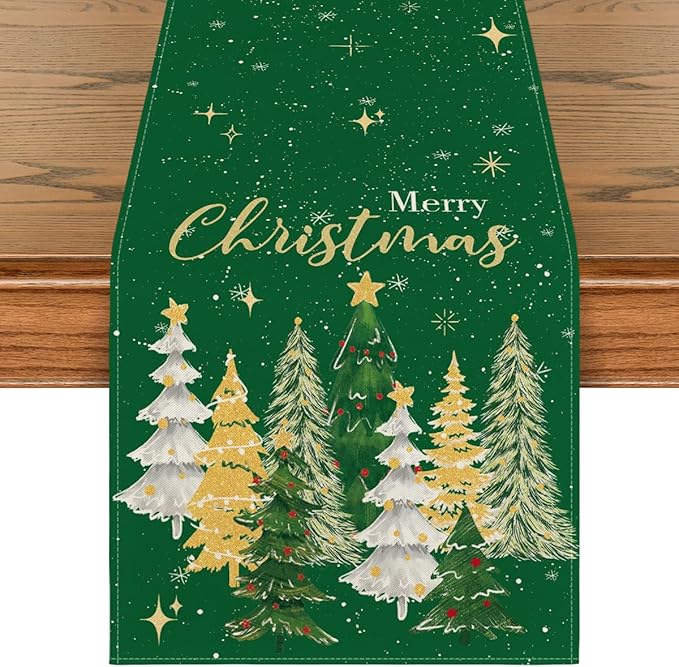 Artoid Mode Xmas Trees Merry Christmas Table Runner, Seasonal Winter Green Kitchen Dining Table Decoration for Home Party Decor 13x72 Inch