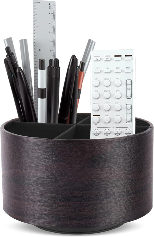 Hennaja Round Leather Art Supply Organizer,Remote Control Holder,360 Degree Spinning,Multi-Functional Pencil Holder,4 Compartments Desktop Stationary Organizer(1-Dark Brown2)