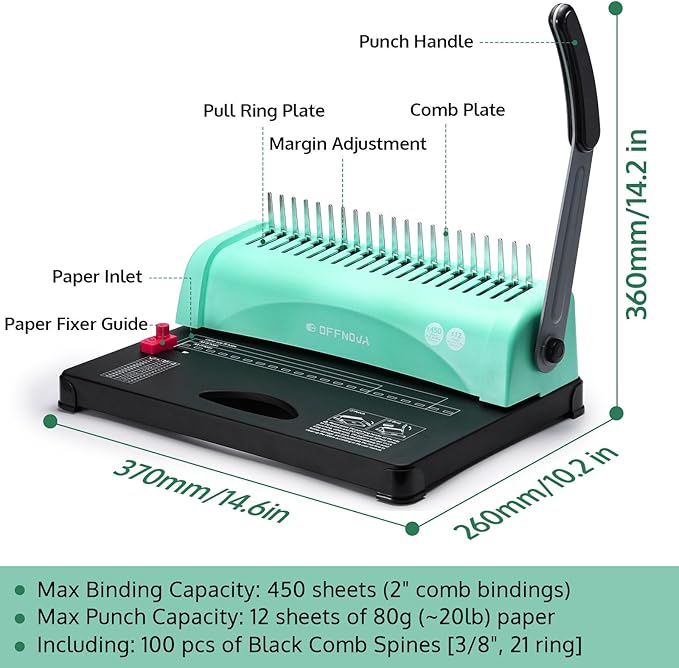 OFFNOVA Binding Machine, 21-Hole 450 Sheets Paper Comb Punch Binder Machine for Letter Size / A4 / A5 Paper, Easy to Punch Handle, Adjustable Margin