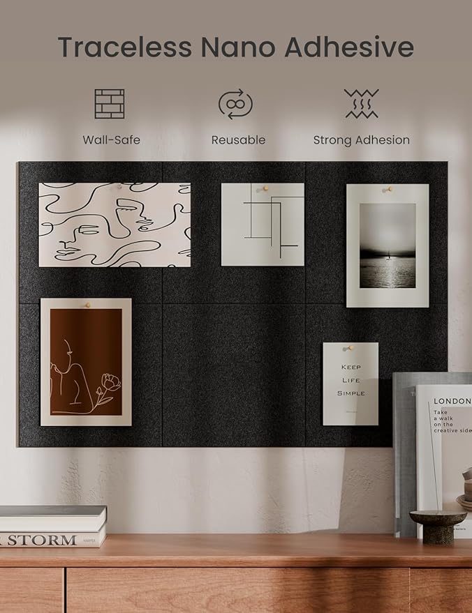 Bumusty Large Cork Board 36"x24" Alternative - 6 Pack Felt Wall Tiles with 40 Safe Removable Adhesive Tabs, 30 Pushpins, Cork Boards for Walls Pin Board Bulletin Board Office Decor (Black)