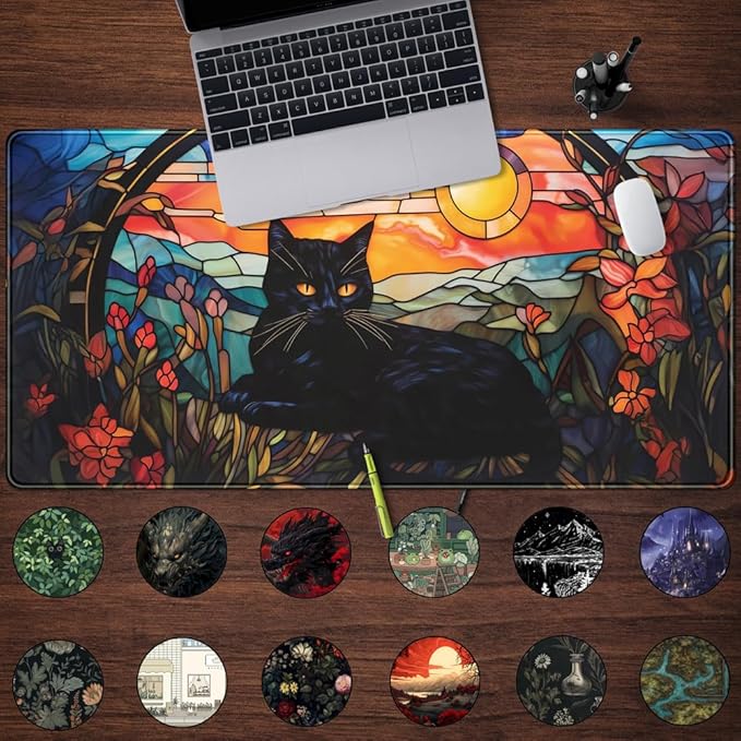 Black Cat Desk Mat Vintage Sunset Desk Mouse Keyboard Pad, XXL Large Mouse Pad Laptop Desk Mousepad with Stitched Edges, Keyboard Pad Mouse Mat for Work Game Office Desk Accessories 31.5x15.7 in