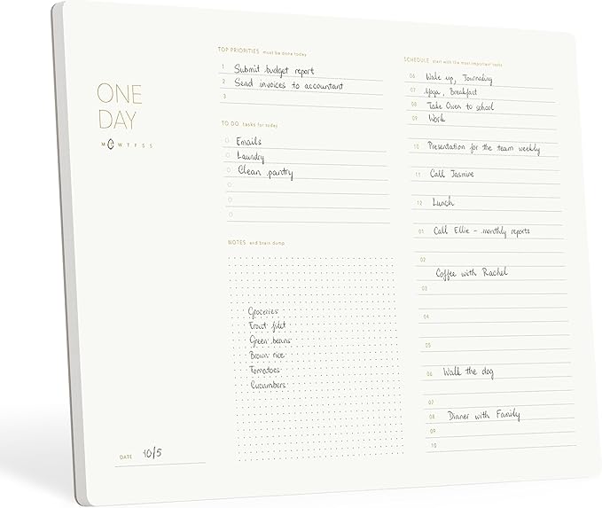 One Day, Elegant Daily Desk Planner, Gold Foiled, Minimalist Productivity Planner Pad, Time Blocking Hourly Schedule, To Do List Notepad, A4, 52 Pages, FSC™ Certified