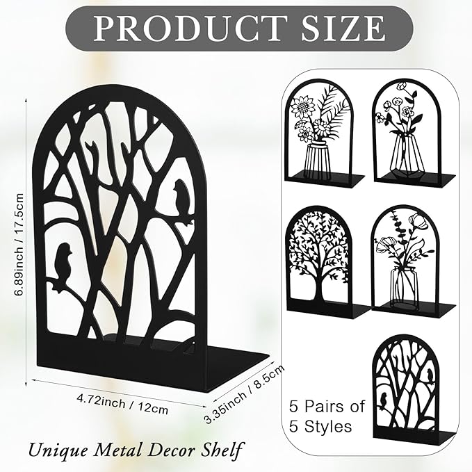 Faccito 5 Pairs Book Ends, Black Metal Bookends for Shelves Decorative, Non Skid Tree Stopper and Flower Shelf Holder for Heavy Books, Home Office School Supplies (Classic)