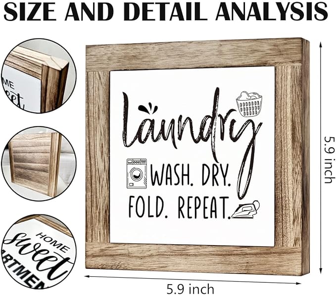 Laundry Room Decor, Laundry Steps Sign, Wash Dry Fold Repeat Sign, Wooden Box Signs for Home Decor, Farmhouse Wood Plaque Sign, Laundry Room Shelf Decoration, Country Style Wood Block Laundry Sign