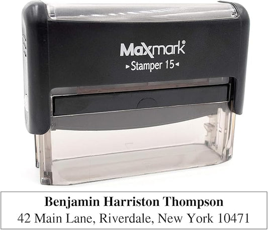 MaxMark Customized Self Inking Stamp - Up to 2 Lines of Text - Small & Wide Size - Choose from 15 Ink Colors