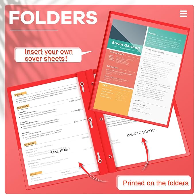 Henoyso 48 Pcs Plastic Folders with Clear Front Pocket and 3 Prong Take Home Plastic 2 Pocket Folder Back to School for Students Parent Teacher Communication for School Office (Red)