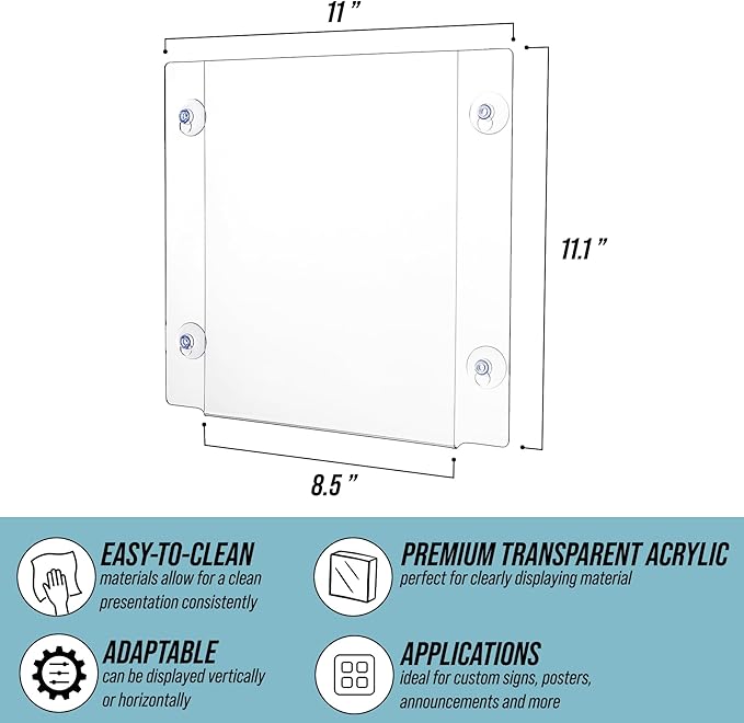 Adir Acrylic Sign Holder – Window Sign Holder with Suction Cups for Advertising and Promotion, Wall-Mount Display Frame, Clear Sign Holder Stand for Glass, Mall, Restaurants, Office - 6 Pack (8.5x11 Inch)