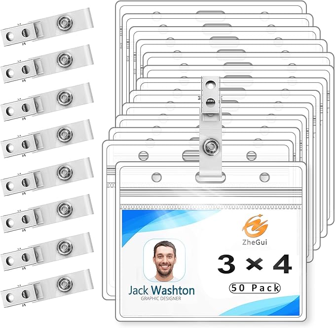 Clear Plastic Name Tag Holder and Metal Badge Clips with Vinyl Straps Waterproof PVC ID Card Holders Heavy Duty(50 Pack, Horizontal Large 3x4)