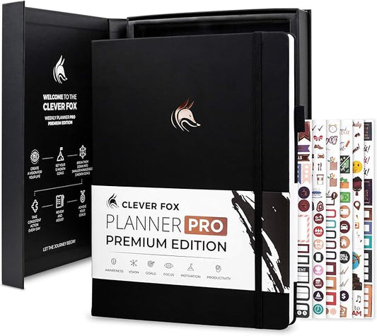 Clever Fox Planner Pro Premium – Luxurious Weekly & Monthly Planner with Budget Organizer for Productivity & Goals, Undated, A4 (Black)