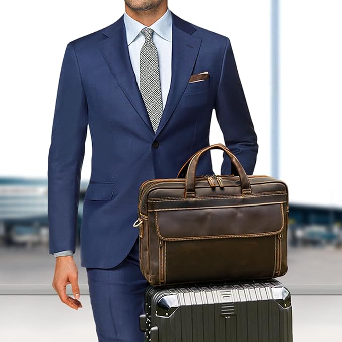 Masa Kawa Leather Briefcase for Men 15.6" - 17" Laptop Computer Case Business Travel Work Messenger Cross Body Shoulder Bag