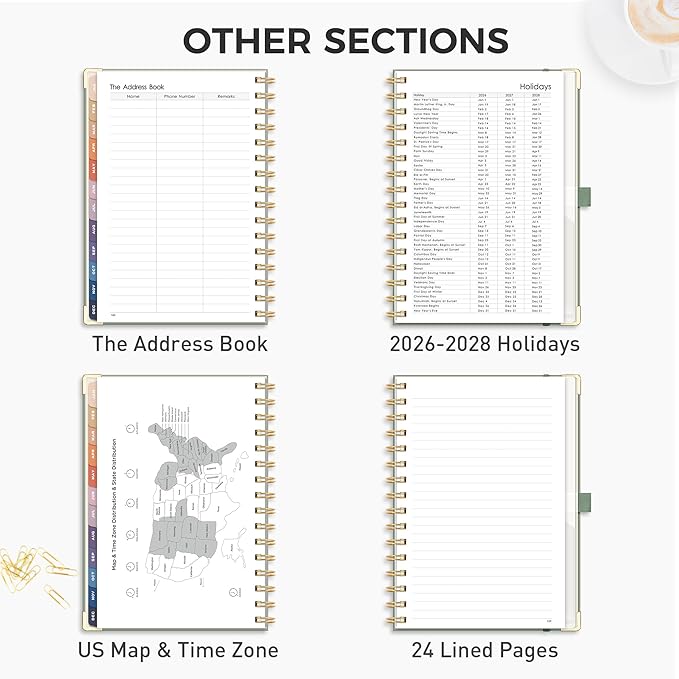 RETTACY 2026 Planner, Weekly and Monthly, Medium Size (5.7" x 8.3"), Jan - Dec 2026, Agenda, Calendar, 12 Month Tabs, Hardcover, 100 GSM Thick Paper, Spiral-bound (Light Green)
