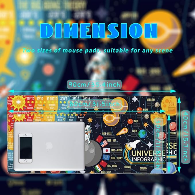 Desk Mat, 3D Solar System Galaxy Infographic Extended Gaming Mouse Pad Large, 35.4"x15.7" Big Mouse Pad with Non-Slip Base and Stitched Edge, Long Computer Keyboard Mouse Mat for Home Office Work