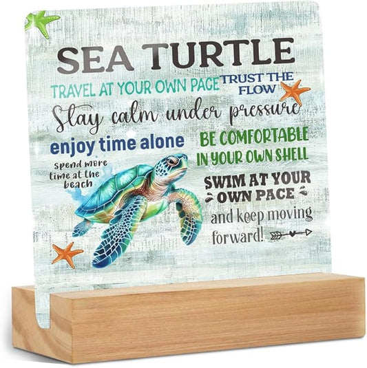 Sea Turtle Decor Desk Acrylic Sign 4x4 inch, Beach Decorations for Home Bedroom Bathroom, Inspirational Gifts for Women Men Coworkers, Mental Health Table Top Shelf Gadgets Cubicle Accessories