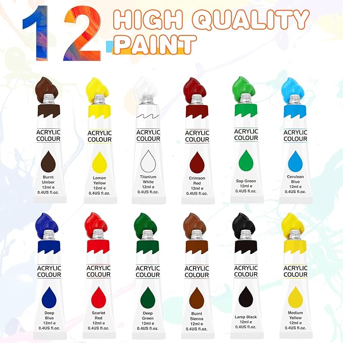 ESRICH 26 PCS Acrylic Paint Set with 12 Colors Acrylic Paints (12ml, 0.4 oz), 10 Paint Brushes, 2 Canvas, 1 Wood Easel, 1 Plate, Painting Supplies Kits for Kids, Adults, Artists and Beginners