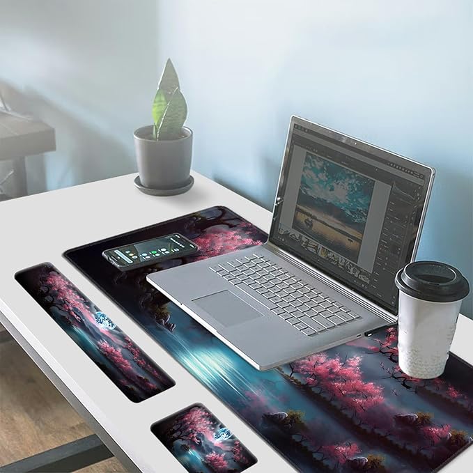 Large Gaming Mouse Pad+Memory Foam Ergonomic Keyboard Wrist Rest Support+Wrist Rest+Coaster, Extended Desk Pad Set, Stitched Edge Non Slip Desk Mat 4PC for Office & Home, Moon Cherry Blossom
